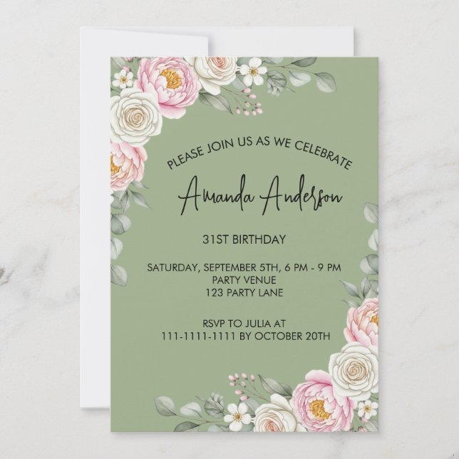 Elegant Blush Floral Watercolor Birthday  Einladung (Vorderseite)