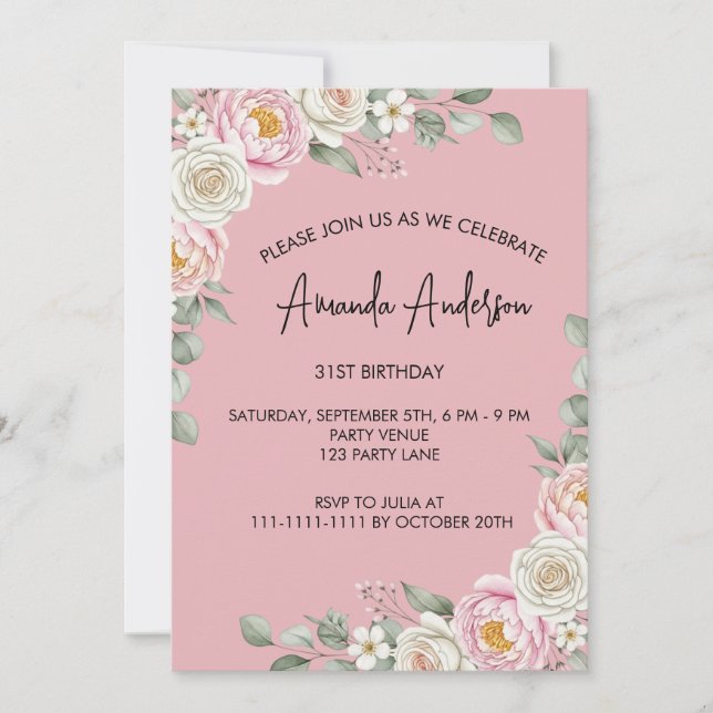Elegant Blush Floral Watercolor Birthday  Einladung (Vorderseite)
