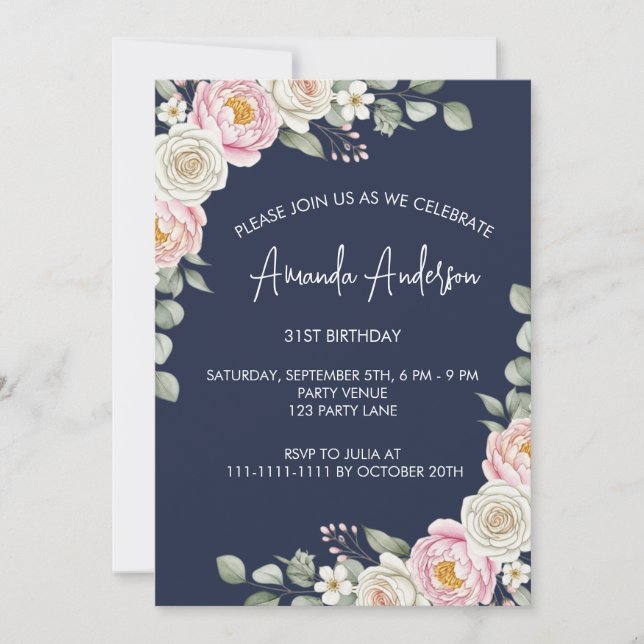 Elegant Blush Floral Watercolor Birthday  Einladung (Vorderseite)