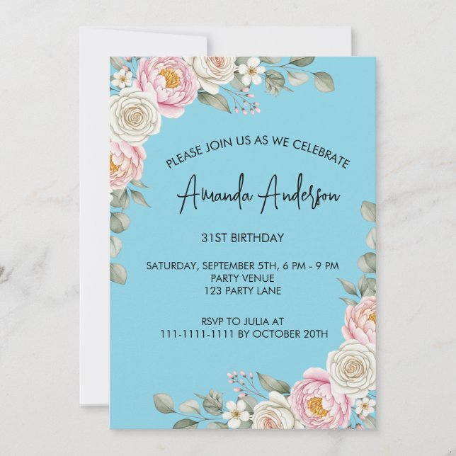 Elegant Blush Floral Watercolor Birthday  Einladung (Vorderseite)