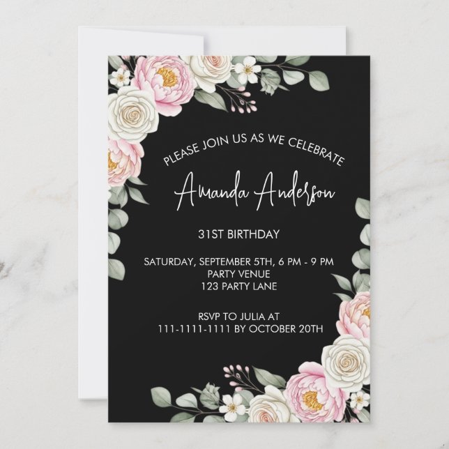 Elegant Blush Floral Watercolor Birthday  Einladung (Vorderseite)