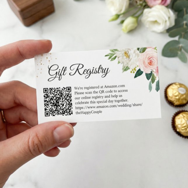 Elegant Blush Floral Wedding Gift Registry QR Code Begleitkarte (Von Creator hochgeladen)