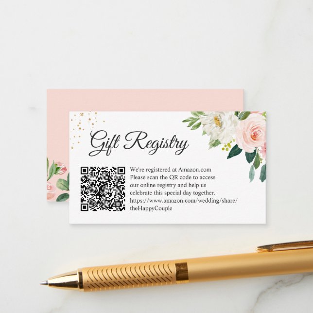 Elegant Blush Floral Wedding Gift Registry QR Code Begleitkarte (Vorderseite/Rückseite Beispiel)