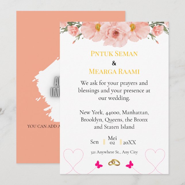 Elegant Blush Floral Wedding Invitation with Gold  (Devant / Derrière)
