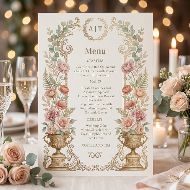 Elegant Blush Floral Wedding Menu Einladung (Elegant Blush Floral Wedding menu #vintagefantasymagicalwhimsicaldreamy #elegantpaintedwater)