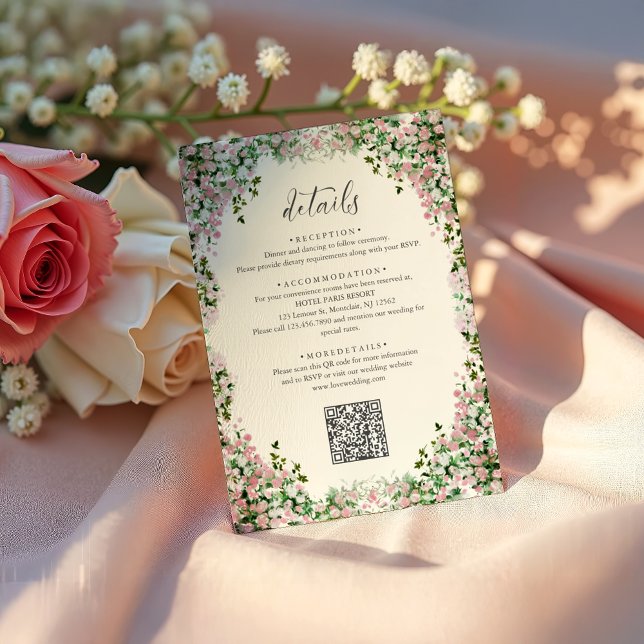 Elegant Blush Garden Wedding Details with QR code Begleitkarte (Von Creator hochgeladen)