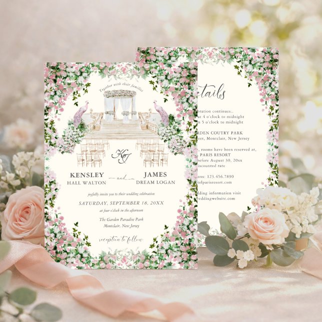 Elegant Blush Garden Wedding with Monogram  Einladung (Von Creator hochgeladen)