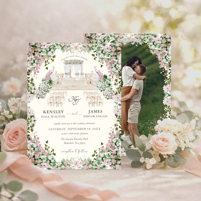 Elegant Blush Garden with Photo Wedding  Einladung (Von Creator hochgeladen)