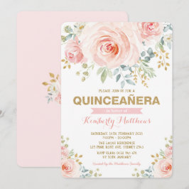 Elegant Blush Gold Blumengrün Quinceañera Einladung