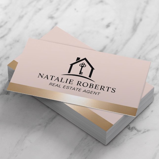 Elegant Blush & Gold House Logo Real Estate Agent Visitenkarte (Von Creator hochgeladen)