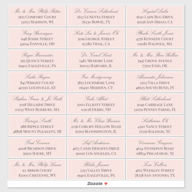 Elegant Blush Gray Script 24 Wedding Guest Address Aufkleber (Blatt)