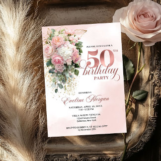 Elegant Blush Greenery Rose Gold 50th Birthday Einladung