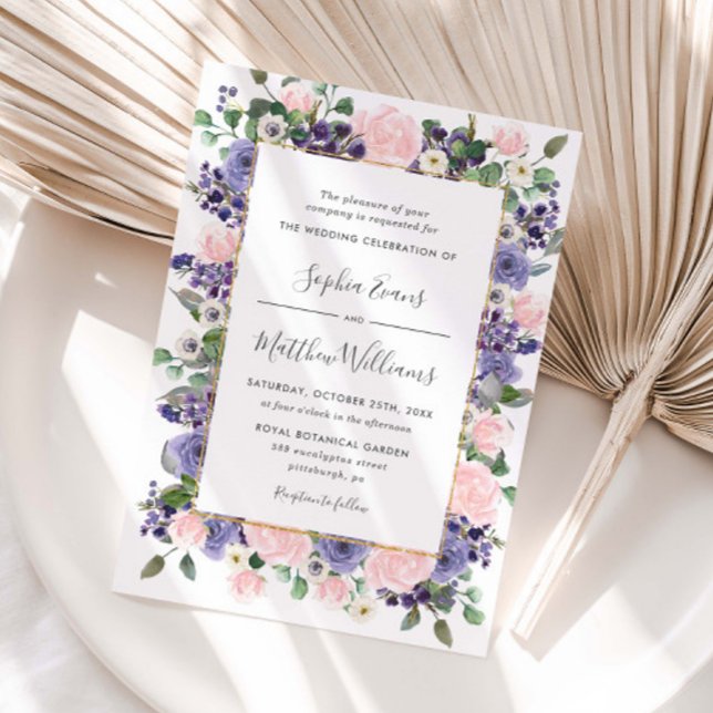 Elegant Blush & Lavender Floral Gold Wedding  Einladung (Elegant Blush & Lavender Floral Wedding Invitation)