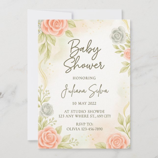 Elegant Blush Peach Floral Baby Shower Invitation  (Devant)