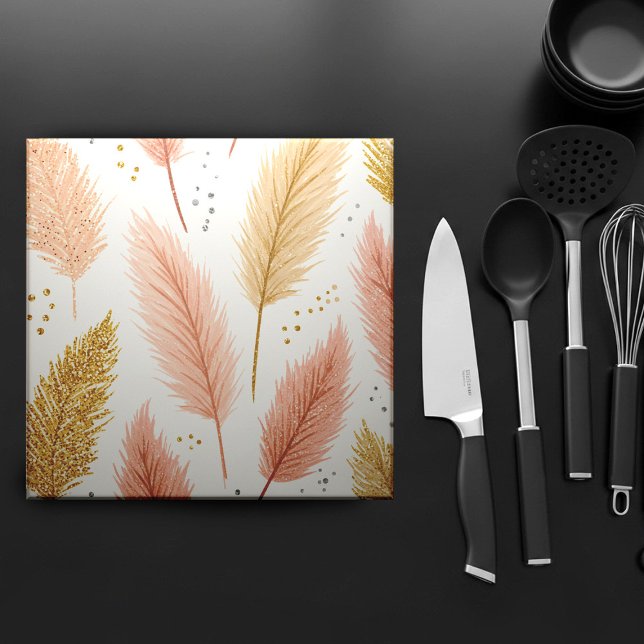 Elegant Blush Pink and Gold Glitter Pampas Grass  Fliese (Von Creator hochgeladen)