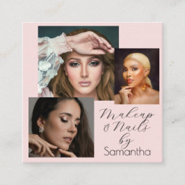 Elegant Blush Pink Black Script 3 Photo Makeup  Quadratische Visitenkarte