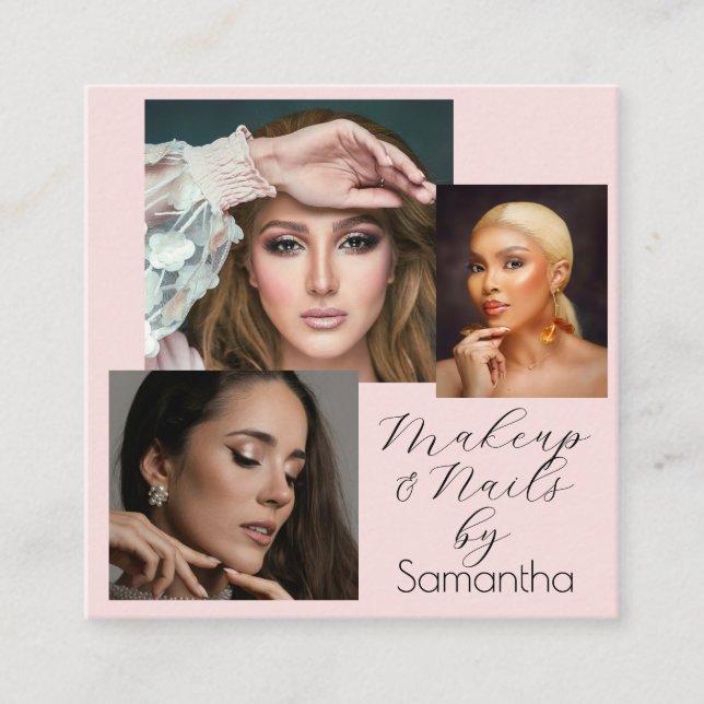 Elegant Blush Pink Black Script 3 Photo Makeup  Quadratische Visitenkarte (Vorderseite)