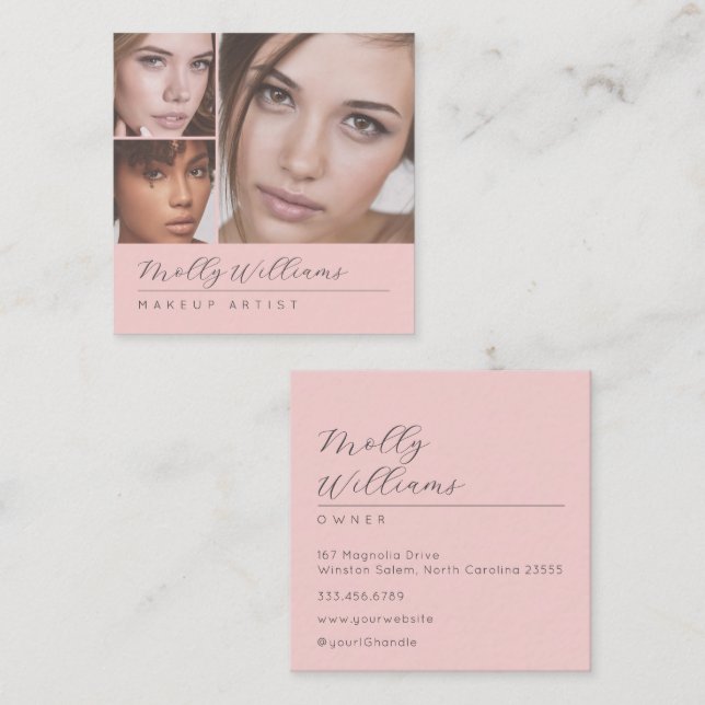 Elegant Blush Pink Black Script 3 Photo Makeup Quadratische Visitenkarte (Vorne/Hinten)