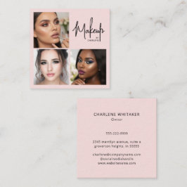 Elegant Blush Pink Black Script 3 Photo Makeup Quadratische Visitenkarte