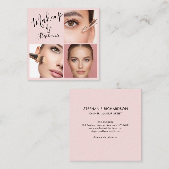 Elegant Blush Pink Black Script 3 Photo Makeup Quadratische Visitenkarte (Vorne/Hinten)