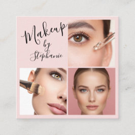 Elegant Blush Pink Black Script 3 Photo Makeup Quadratische Visitenkarte