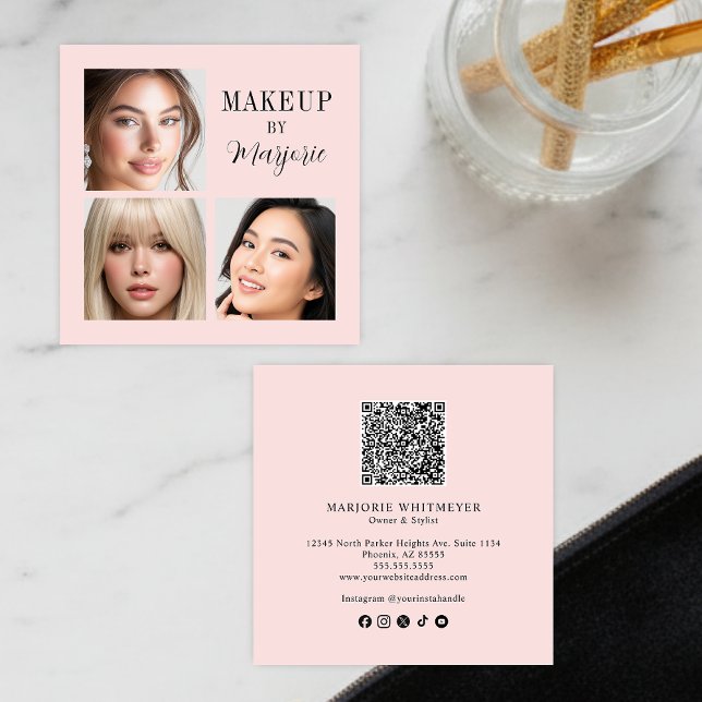 Elegant Blush Pink Black Script 3 Photo Makeup Quadratische Visitenkarte (modern black blush pink script 3 photo makeup square business card elegant minimalist simple)