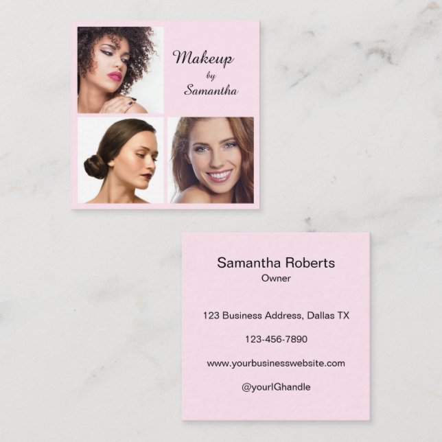 Elegant Blush Pink Black Script 3 Photo Makeup Quadratische Visitenkarte (Vorne/Hinten)