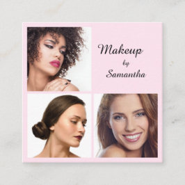 Elegant Blush Pink Black Script 3 Photo Makeup Quadratische Visitenkarte