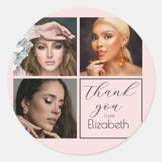 Elegant Blush Pink Black Script 3 Photo Makeup  Runder Aufkleber (Vorderseite)