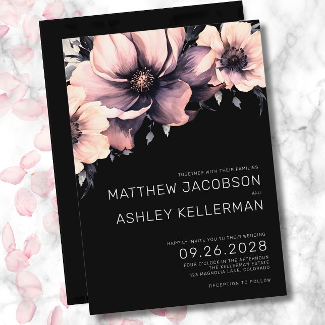 Elegant Blush Pink Black Wedding Floral Einladung (Elegant Floral Blush Pink Black Wedding Invitation)