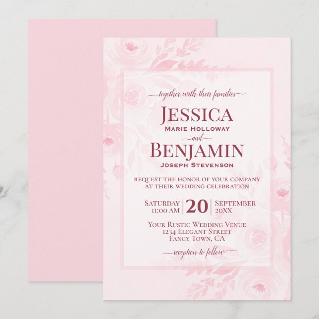 Elegant Blush Pink Boho Chic Floral Wedding Einladung (Vorne/Hinten)