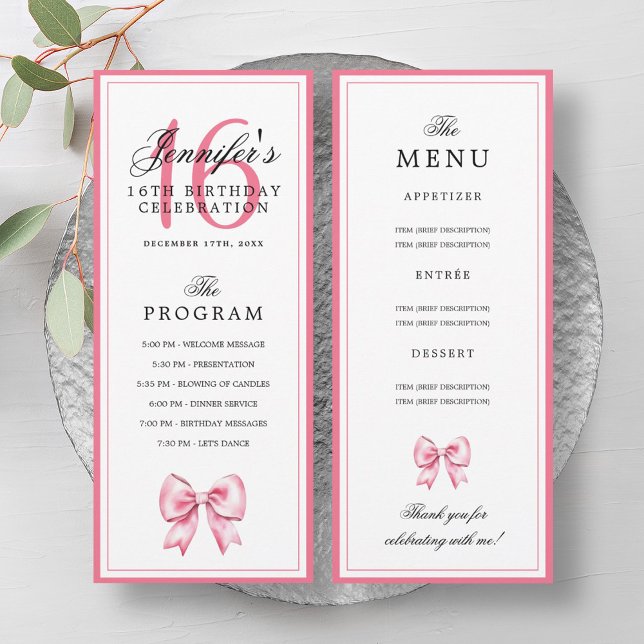 Elegant Blush Pink Bow 16th Birthday Program Menu  Einladung (Elegant Blush Pink Bow 16th Birthday Program Menu)