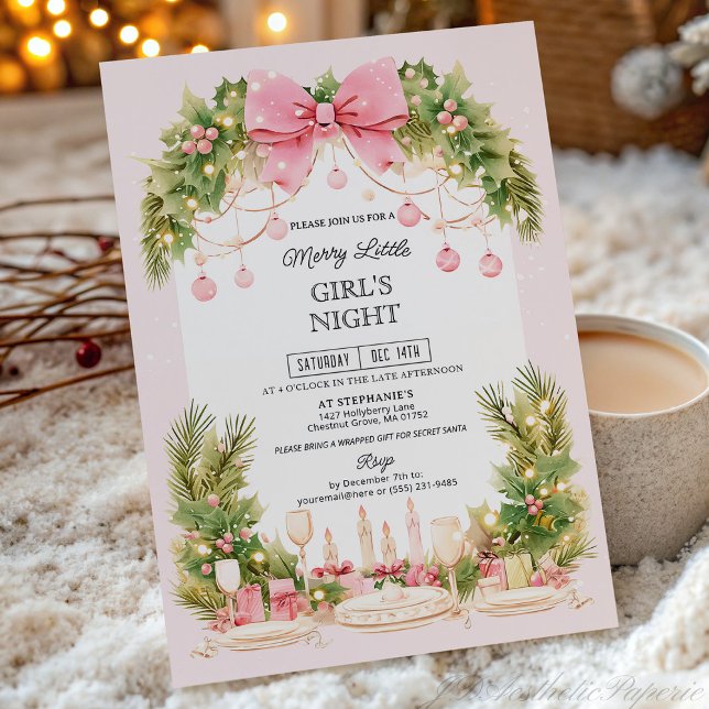 Elegant Blush Pink Bow Christmas Girls Night  Einladung (Von Creator hochgeladen)