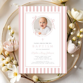 Elegant Blush Pink Bow Photo Girl Baptism Einladung