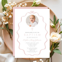 Elegant Blush Pink Bow Photo Girl Baptism Einladung