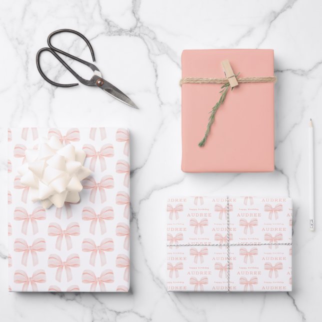 Elegant Blush Pink Coquette Bow Birthday Geschenkpapier Set (Vorderseite)