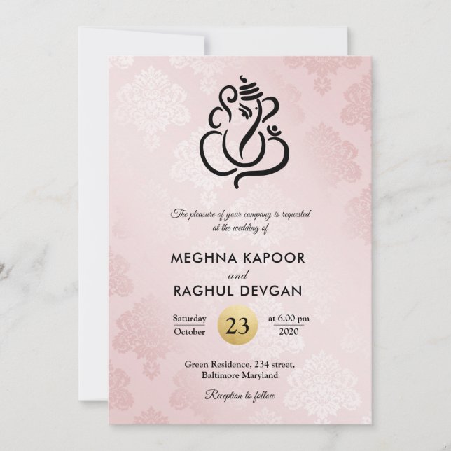 Elegant Blush Pink Damask Ganesha Indian Wedding Einladung (Vorderseite)