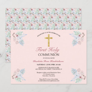 Elegant Blush Pink Floral First Holy Communion Einladung