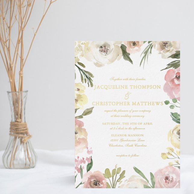 Elegant Blush Pink Floral Garden Wedding Gold Folieneinladung (Von Creator hochgeladen)