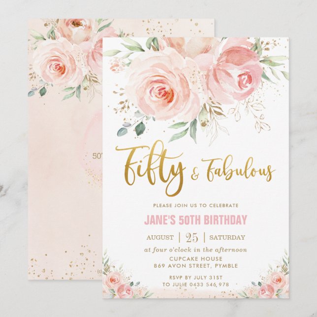 Elegant Blush Pink Floral Gold 50 und fabelhaft Einladung (Vorne/Hinten)