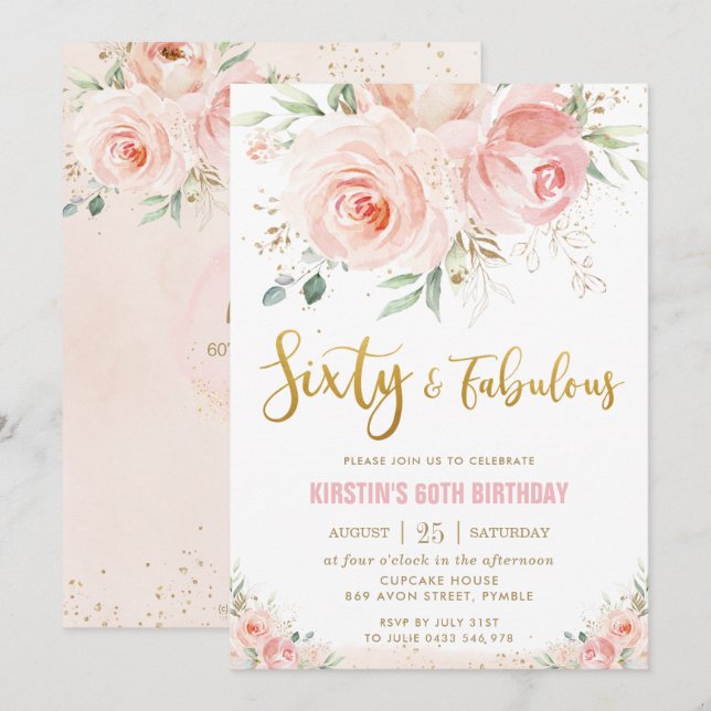 Elegant Blush Pink Floral Gold 60 und fabelhaft Einladung (Vorne/Hinten)