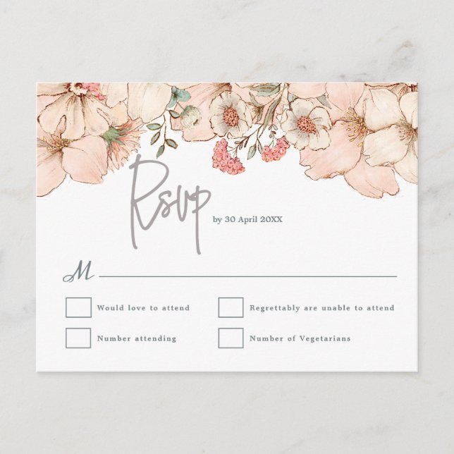 Elegant Blush Pink Floral Gray Script Wedding RSVP Postkarte (Vorderseite)
