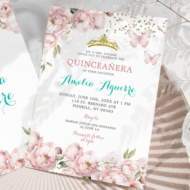Elegant Blush Pink Floral mexikanische Quinceañera Einladung (Von Creator hochgeladen)