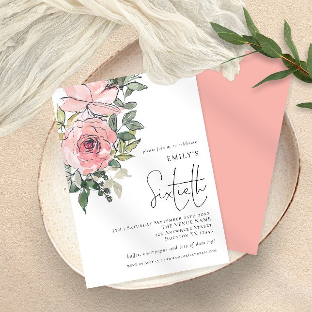 Elegant Blush Pink Florals Sixtieth Birthday Party Einladung (Von Creator hochgeladen)