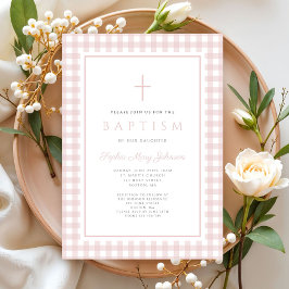 Elegant Blush Pink Gingham Girl Baptism Einladung