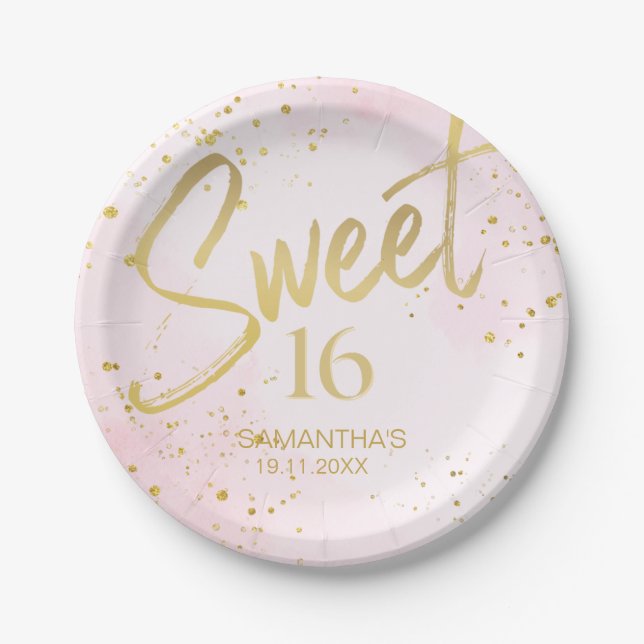 Elegant Blush Pink & Gold Confetti Sweet 16 Pappteller (Vorderseite)