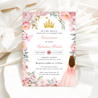 Elegant Blush Pink Gold Floral Quinceanera Einladung