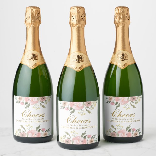 Elegant Blush Pink Gold Floral Wedding Cheers (Flaschen)
