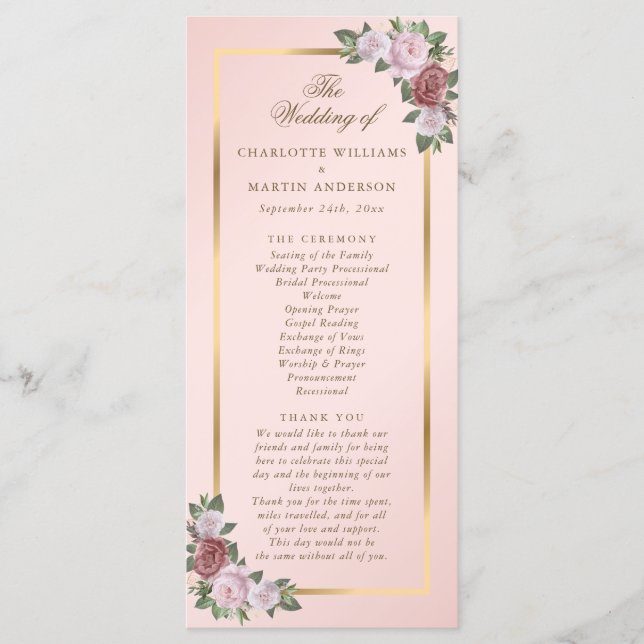 Élégant Blush Pink Gold Floral Wedding Programme (Devant)