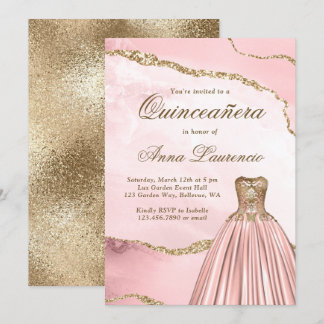 Elegant Blush Pink Gold Marmor Agate Quinceanera Einladung
